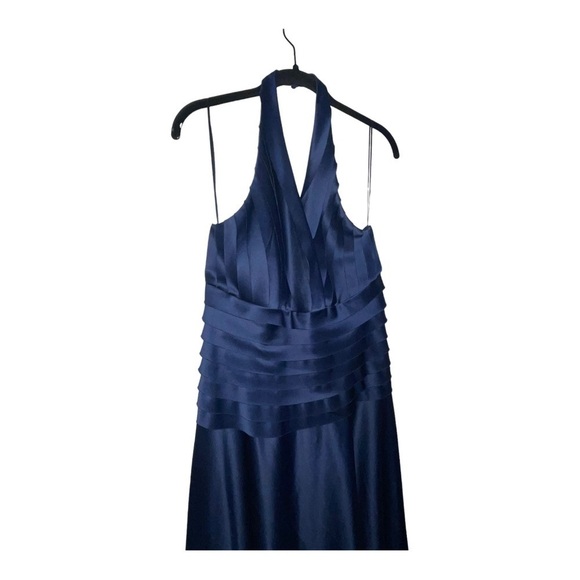 JS COLLECTIONS Navy Blue Halter Pleated Satin Formal Maxi Gown Size 10 - Picture 5 of 7